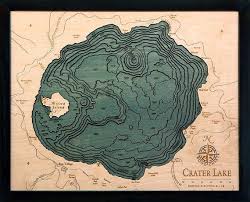 crater lake wood carved topographic depth chart map in