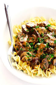 For this meaty recipe, use a can of cream of mushroom soup with garlic and two cans of cream of mushroom soup in the original flavor to go with the tasty egg noodles. The Best Beef Stroganoff Recipe Gimme Some Oven