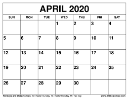 April 2020 Calendar Monthly Calendar Printable Printable Calendar Template Editable Calendar