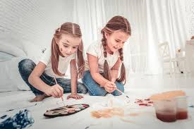 Framedart.com has been visited by 10k+ users in the past month Low Angle Of Two Sisters Painting In Bedroom Stock Image Image Of Happy Cute 155196699