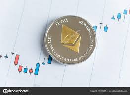 Gold Ethereum Cryptocurrency Coin On Candlestick Trading