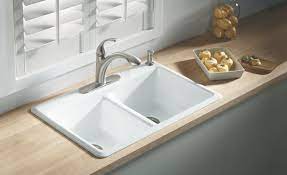 Farmhouse apron sink drop in install diy home depot sinkology josephine model. Kohler K 5840 4 0 Anthem Cast Iron Self Rimming Sink With Four Hole Faucet Drilling White Double Bowl Sinks Amazon Com