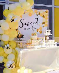 Sweet As Can Bee Banner Yellow Balloons Paper Bees Unique Boy Baby Shower Themes Cake And Sw Creative Baby Shower Bumble Bee Baby Shower Bee Birthday Party