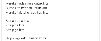 Lirik lagu kita jaga kita * kini diriku tidak bersimpati masa depan ku kabur tetapi mataku cerah kian menyala semua halangan. Haiqaloyar On Twitter Lirik Lagu Kita Jaga Kita Macam Sesuai Dengan Situasi Sekarang Rakyatjagarakyat Siswajagasiswa