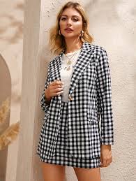 Black And White Plaid Blazer And Skirt Set Pin By Romwe On Yes It S New Long Sleeve Casual Two Piece Outfit Blazer Outfits
