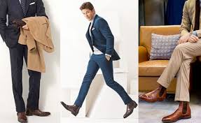 How about some brown leather boots with a grey suit? Chelsea Boots Men Suit 9a5aca