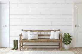 The rug, the wood, and the pillows add layer upon layer of visual interest to what could be a boring mudroom bench with herringbone back. Farmhouse Entryway Wooden Bench Near White Shiplap Wall Interior Stock Photo Picture And Royalty Free Image Image 126219681