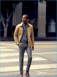 Men S Yellow Quilted Barn Jacket Blue Gingham Long Sleeve Shirt Grey Dress Pants Brown Leather Dress Boots Mens Pants Fashion Mens Dress Pants Mens Clothing Styles