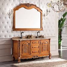 Cherry color wooden cabinet with four drawers and two double doors including an internal wooden shelf. Freestanding 60 Inch Double Sink Vanity
