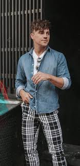 Black And White Plaid Pants Mens Outfit Justinliv With A Summer Outfit Idea With A Denim Button Up Shirt With Rolled Sleeves White T Shirt Sunglass Mens Outfits Pants Outfit Men Spring Outfits Men