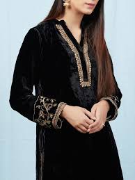 Black Velvet Silk Zardozi Embroidered Kurta With Rayon Pants Set Of 2 Velvet Dress Designs Velvet Pakistani Dress Velvet Clothes