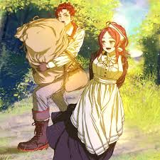aisha greyrat, ars greyrat, mushoku tensei, artist request, highres, 1boy,  1girl, aunt and nephew, breasts, carrying, day, gloves, grass, large  breasts, long hair, looking at another, maid, medium hair, open mouth,  outdoors,