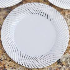 10 Pack 10 White Round Disposable Plastic Dinner Plates With Silver Twirl Rim With Images Disposable Plastic Plates Plastic Plates Plates