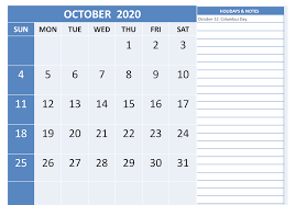 October 2020 Calendar Holidays With Notes In 2020 Holiday Calendar Printable October Holidays Calendar Template