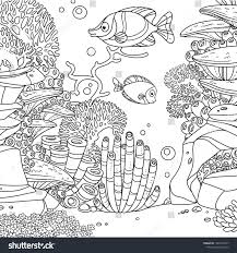Black And White Sea Anemone Underwater World With Cute Fishes Corals And Anemones Outlined Isolated On White Background Cute Fish Animal Coloring Pages Underwater World