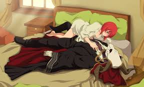 lady fantasma, elias ainsworth, hatori chise, mahou tsukai no yome,  absurdres, highres, 1boy, 1girl, breasts, green eyes, monster, naked shirt,  red hair, shirt, short hair, skull, small breasts - Image View - |