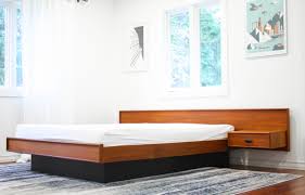 Brilliant orange hue to the teak wood, featuring sprawling wood grains. Mid Century Teak Queen Bed W Floating Nightstands Sold Mid And Mod