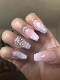 French Ombre Coffin Shaped Nails With Rhinestone Glitter Rhinestone Nails Coffin Shape Nails Christmas Nails Acrylic