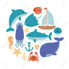 This shark species is long and lanky, with a relatively small tail fin. Set Of Sea Animals In Circle Isolated On White Background Design Royalty Free Cliparts Vectors And Stock Illustration Image 79281884