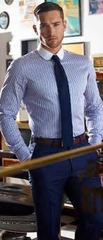 Black And White Striped Shirt Mens Outfit Men S White And Blue Vertical Striped Dress Shirt Navy Dress Pants Navy Wool Tie Dark Brown Leather Belt Mens Outfits Well Dressed Men Navy Dress Pants