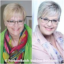 attraktiv mit grauen haaren sommertyp links vor der farbberatung mit blond gefarbten haaren und farben des fruhlingstyps stil beratung mode beratung beratung