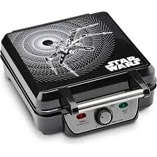 This is a waffle maker that is all grey and features a print on the top of the star wars death star and the official logo of star wars printed on the made to be durable and last a long time with cast aluminum cooking plates, the waffle maker measures 8 inches deep x 10 inches wide x 4 inches tall. Amazon Com Star Wars Death Star Waffle Maker Home Kitchen