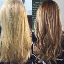 Before And After Blonde To Brunette Highlights And Lowlights Balayage Long Hair Wavy Aveda Full Spec Balayage Long Hair Blonde Hair Color Brunette Highlights