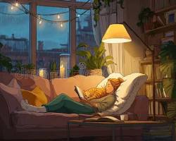 cozy woman relaxing on a sofa with a book and a candle, selfcare aesthetic, warm lighting, AI generated