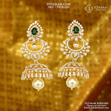 235 Der1376 18k Gold 3 In 1 Detachable Diamond Jhumkas Diamond Dangle Earrings With Color Stones Pearls Bridal Diamond Jewellery Gold Earrings Designs Unique Diamond Earrings