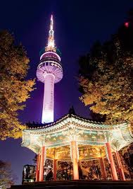 A Nighttime View Of N Seoul Tower And An Octagonal Pavilion At Namsan Mountain Namsan Tower Tower Seoul