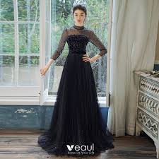 Elegant Navy Blue See Through Evening Dresses 2020 A Line Princess High Neck 3 4 Sleeve Sash Rhinestone Glitter Tulle Sweep Train Ruffle Backless Formal Dres Backless Dress Formal Evening Dresses Formal Dresses