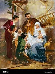 1890ER JAHRE GEMÄLDE DER HEILIGEN NACHT VON MARTIN VON FEUERSTEIN DIE  GEBURT MARIA JOSEPH UND JESUS UND ANBETUNG DER HIRTEN