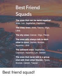 Aries is rash and brash while cancer is sensitive and emotional. Best Friend Squads The Ones That Can Be Weird Together Aries Leo Sagittarius Capricorn The Crazy Ones Aries Taurus Virgo Libra The Shy Ones Cancer Virgo Pisces The Ones Who Always Talk