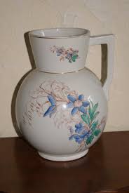 Vintage Steubenville Pottery Water Pitcher: Floral Transferware,  Hand-painted, 1880s