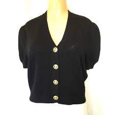 Black And Gold Cardigan St John Knit Jacket Cardigan Sweater M Short Sleeves Black Gold Button Crop Stjohn Cardigan Any