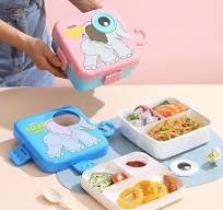 Cartoon Dinosaur Shape Food Grade Plastic Bento Box with Divided Tray and  Sauce Box 2 Grid sealed Lunch Box with Spoon for Child