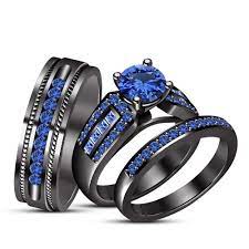 Blue Sapphire Black Gold Finish 925 Silver Wedding Band Engagement Ring Trio Set Black Gold Jewelry Trio Ring Wedding Ring Trio Sets