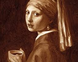 coffee art, Girl with a Pearl Earring, painted using only coffee, espresso,  print, drinking coffee, Vermeer, coffee break, portrait