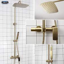 Bathroom Rain Shower Set Brushed Gold And Black Solid Brass Bath Shower Faucet Quality Wall Mounted Water Mixer Bath System Shower Faucets Aliexpress