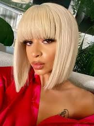 Wavymy 613 Blonde Straight Human Hair Bob Wig With Bangs None Lace Wig