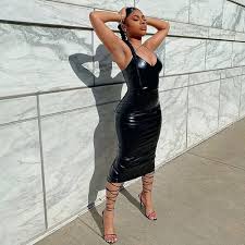 MEiiseoseo Dresses for Women Faux Leather Women Slit Midi Dress Strap  Backless Bodycon Sexy Streetwear Party Elegant Autumn Winter Club (Color :  Nude, Size : L): Buy Online at Best Price in