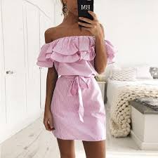 Cotton Summer Dress Short Sleeve Off Shoulder Ruffles Striped Shirt Dresses Casual Robe Ruffled Dress Women Short Summer Dresses Shirt Dress Casual
