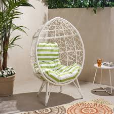Jayson Outdoor Wicker Teardrop Chair With Cushion White And Green Walmart Com In 2020 Outdoor Wicker Chairs Outdoor Wicker Hanging Chair With Stand