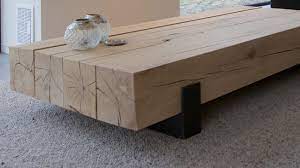 detailfoto van maatwerk salontafel deze is gemaakt van 4 geschaafde eiken balken 200x200mm op 2 matzwart st industriele salontafels meubel ideeen salontafel