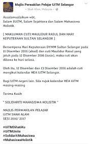 Número de identificação do vídeo 22178974. Mpp Uitm Shah Alam On Twitter Makluman Cuti Maulidur Rasul Hari Keputeraan Sultan Selangor Atas Faktor Pertindihan Tarikh Tarikh 12 13 Disember 2016 Diumum Cuti Https T Co Fsypmnbpvg