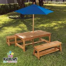 New Kids Wood Picnic Table Benches With Blue Umbrella Ebay Garden Bench Seating Wooden Garden Benches Outdoor Tables