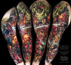 Marvel Hero Sleeve Deadpool Wolverine Iron Man The Hulk And Captain America Marvel Tattoos Hero Tattoo Marvel Tattoo Sleeve