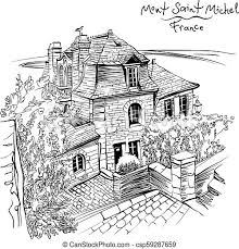 Find exterior house wall decorations. Vector Black And White Drawing A Traditional Breton House Inside The Walls Of Mont Saint Michel Brittany France Canstock
