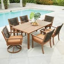 Hampton Bay Kapolei 7 Piece Wicker Outdoor Dining Set With Reddish Brown Cushion 720 127 000 At T Patio Dining Furniture Outdoor Dining Set Outdoor Dining Room
