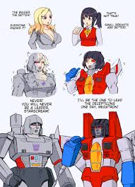 346250 - not furry, suggestive, artist:mopan, megatron (transformers),  fictional species, human, mammal, robot, hasbro, transformers, 2022, big  breasts, black hair, blonde hair, breasts, brown eyes, cleavage, dialogue,  duo, female, female to male,